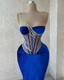 Elegant Long Royal Blue One Shoulder Mermaid Sequined Beading Prom Dress With Lace