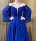 Elegant Long Royal Blue Strapless A-Line Prom Dress With Long Sleeves-misshow.com
