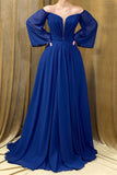 Elegant Long Royal Blue Strapless A-Line Prom Dress With Long Sleeves-misshow.com