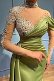 Elegant Long Sage High Neck Mermaid Evening Dresses With Long Sleeves-misshow.com