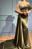 Elegant Long Sage High Neck Mermaid Evening Dresses With Long Sleeves-misshow.com