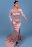 Elegant Long Satin Sleeve Pink Prom Dresses With Rhinestone-misshow.com