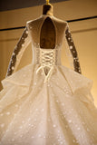 Elegant Long Sleeve Beading Lace-up Tulle Ball Gowns Sparkle Wedding Dress-misshow.com