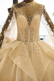 Elegant Long Sleeve Beading Lace-up Tulle Ball Gowns Sparkle Wedding Dress-misshow.com