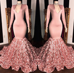 Elegant Long Sleeve Pink Mermaid Flowers Bottom Evening Gowns-misshow.com
