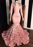 Elegant Long Sleeve Pink Mermaid Flowers Bottom Evening Gowns-misshow.com