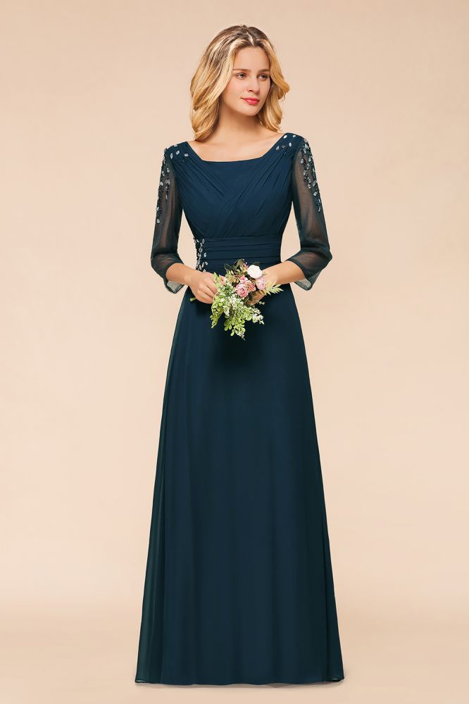 Elegant Long Sleeves Crystal A-line Bridesmaid Dress Maxi Formal Dress-misshow.com