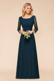 Elegant Long Sleeves Crystal A-line Bridesmaid Dress Maxi Formal Dress-misshow.com