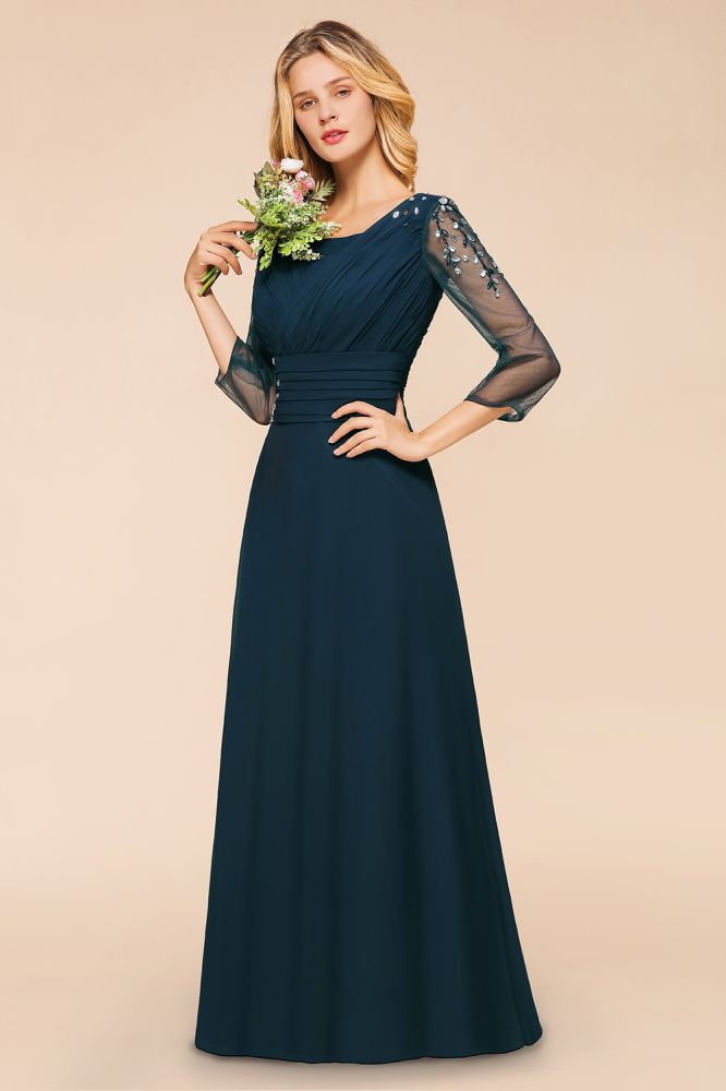 Elegant Long Sleeves Crystal A-line Bridesmaid Dress Maxi Formal Dress-misshow.com