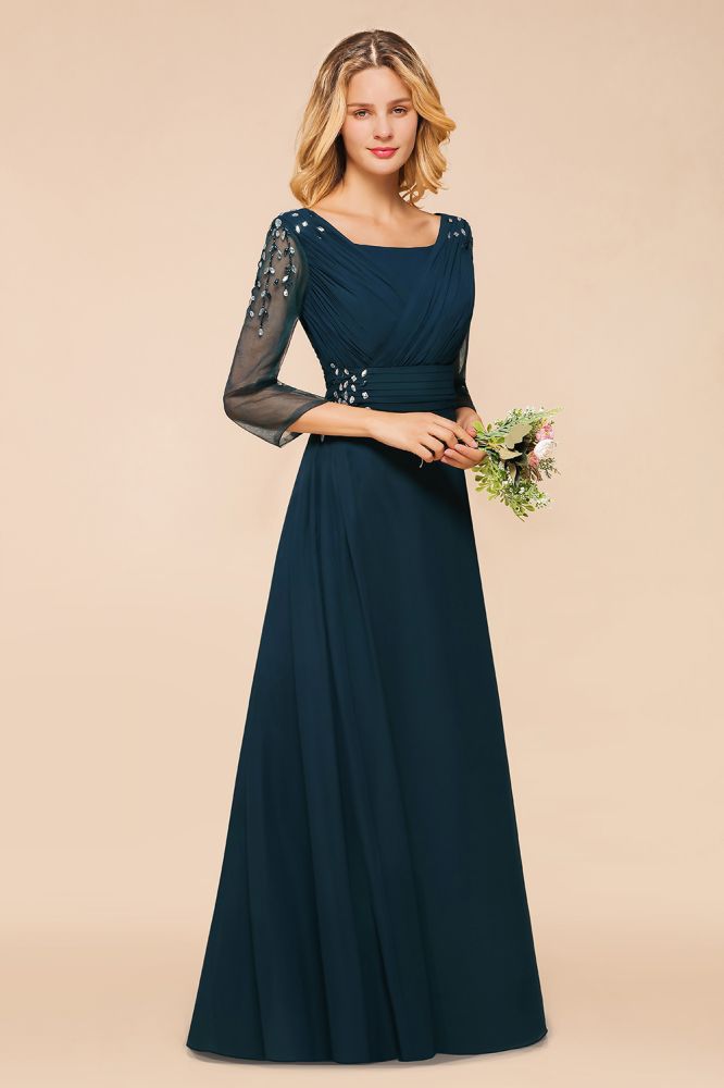 Elegant Long Sleeves Crystal A-line Bridesmaid Dress Maxi Formal Dress-misshow.com