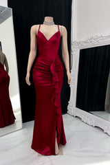 Elegant Long Spaghetti Strap V-neck Backless Mermaid Prom Dress-misshow.com