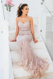 Elegant Long Spaghetti Straps Lace Mermaid Prom Dresses-misshow.com