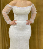 Elegant Long Strapless Beading Mermaid Prom Dress With Long Sleeves-misshow.com