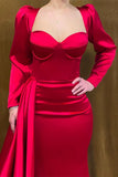 Elegant Long Strapless Red Satin Mermaid Prom Dress With Long Sleeves-misshow.com