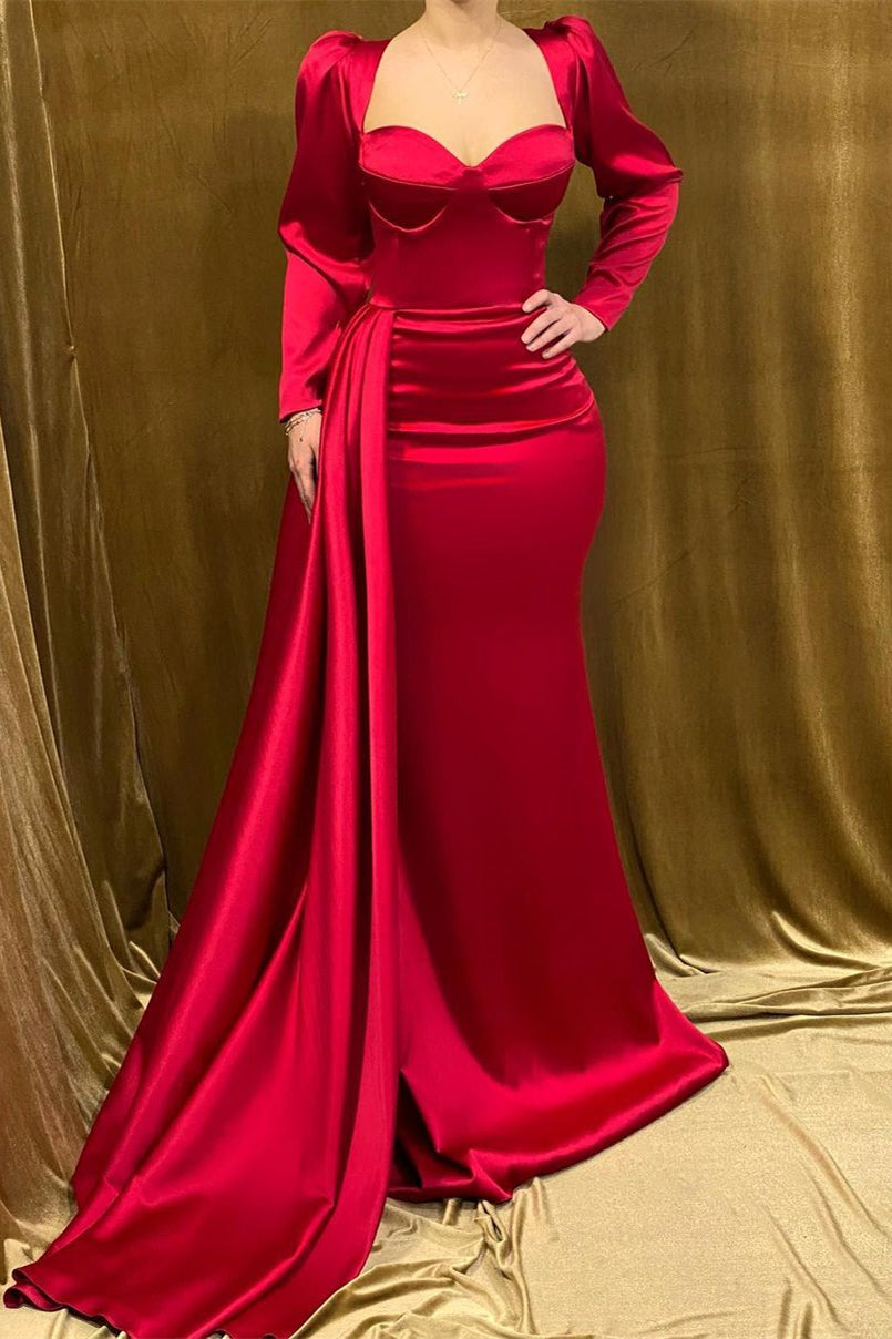 Elegant Long Strapless Red Satin Mermaid Prom Dress With Long Sleeves-misshow.com