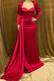 Elegant Long Strapless Red Satin Mermaid Prom Dress With Long Sleeves
