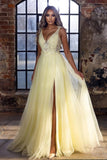 Elegant Long V-Neck Yellow A-line Sleeveless Prom Dresses-misshow.com