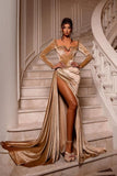 Elegant Long Velvet Jewel Split Front Evening Dresses With Long Sleeves-misshow.com