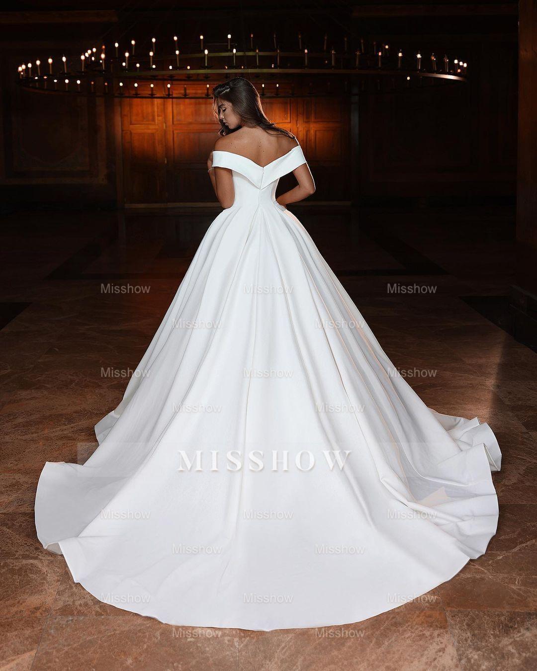 Elegant Long White A-Line Off-The-Shoulder V-Neck Satin Wedding Dress Elegant Long White A-Line Off-The-Shoulder V-Neck Satin Wedding Dress