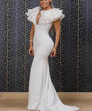 Elegant Long White Mermaid V-neck Sleeveless Prom Dress With Ruffles-misshow.com