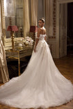 Elegant Long White Off-the-shoulder A-line Lace Wedding Dresses With Slit-misshow.com