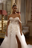 Elegant Long White Off-the-shoulder A-line Lace Wedding Dresses With Slit-misshow.com