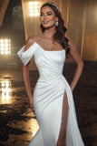 Elegant Long White One Shoulder Sleeveless Mermaid Wedding Dresses With Glitter-misshow.com