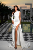 Elegant Long White One Shoulder Sleeveless Prom Dress With Pearls