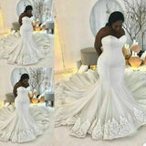 Elegant Long White Sleeveless Lace Sweetheart Mermaid Wedding Dress-misshow.com