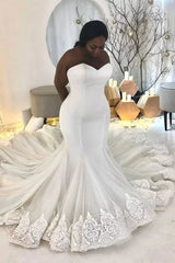 Elegant Long White Sleeveless Lace Sweetheart Mermaid Wedding Dress-misshow.com