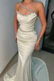 Elegant Long White Strapless Satin Mermaid Sleeveless Prom Dresses With Rhinestone-misshow.com