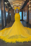 Elegant Long Yellow Tassel Beading Sleeveless Mermaid Prom Dress with Appliques-misshow.com