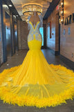 Elegant Long Yellow Tassel Beading Sleeveless Mermaid Prom Dress with Appliques