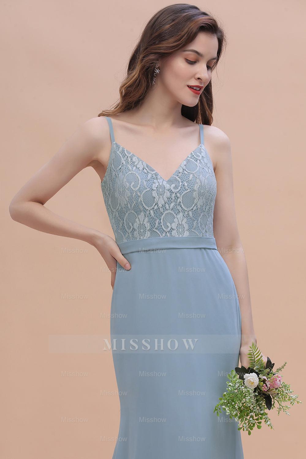 Elegant Mermaid Chiffon Lace Dusty Blue Bridesmaid Dresses with Spaghe misshow.com Elegant Mermaid Chiffon Lace Dusty Blue Bridesmaid Dresses with Spaghe misshow.com