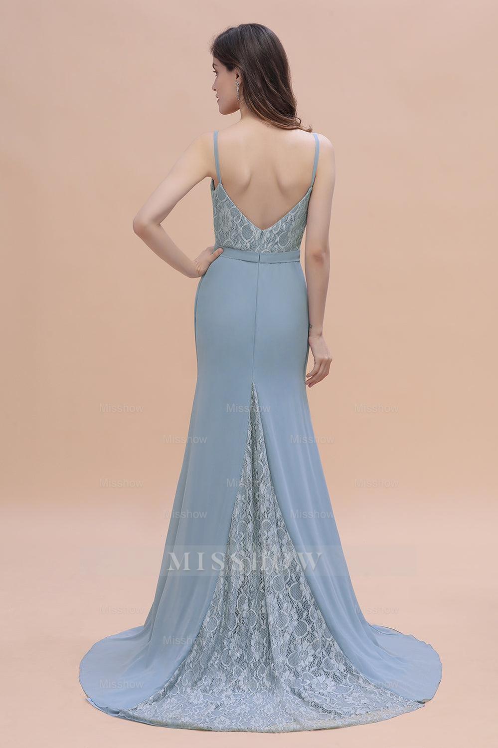 Elegant Mermaid Chiffon Lace Dusty Blue Bridesmaid Dresses with Spaghe misshow.com Elegant Mermaid Chiffon Lace Dusty Blue Bridesmaid Dresses with Spaghe misshow.com