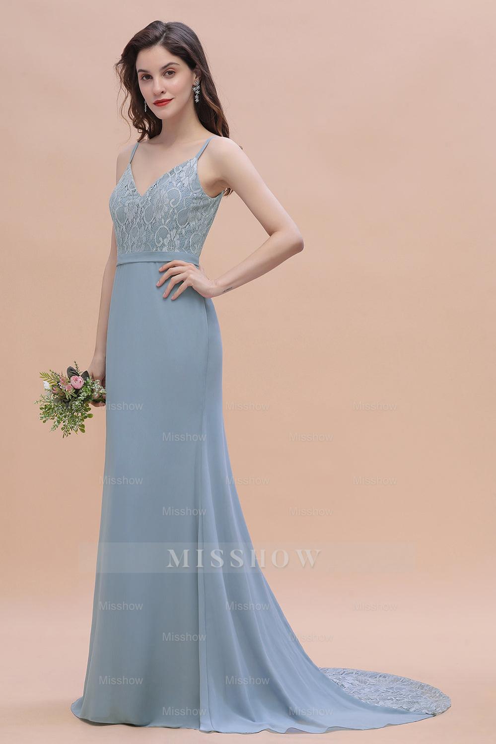 Elegant Mermaid Chiffon Lace Dusty Blue Bridesmaid Dresses with Spaghe misshow.com Elegant Mermaid Chiffon Lace Dusty Blue Bridesmaid Dresses with Spaghe misshow.com