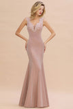 Elegant Mermaid Evening Party Dress Sleeveless V-neck Silk Slim Prom Gown