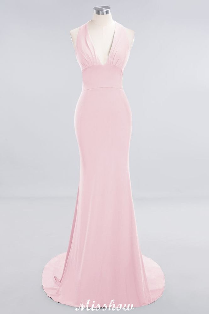 MISSHOW offers Elegant Mermaid Halter Evening Dress Simple Sleeveless Floor Length Party Gown at a good price from White,Ivory,Blushing Pink,Candy Pink,Pearl Pink,Watermelon,Red,Fuchsia,Burgundy,Chocolate,Brown,Gold,Champagne,Orange,Yellow,Daffodil,Regency,Lilac,Lavender,Sky Blue,Pool,Ocean Blue,Royal Blue,Dark Navy,Black,Silver,Dark Green,Jade,Green,Mint Green,Spandex to Mermaid Floor-length them. Stunning yet affordable Sleeveless Bridesmaid Dresses.