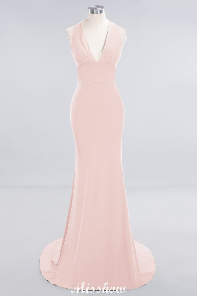 MISSHOW offers Elegant Mermaid Halter Evening Dress Simple Sleeveless Floor Length Party Gown at a good price from White,Ivory,Blushing Pink,Candy Pink,Pearl Pink,Watermelon,Red,Fuchsia,Burgundy,Chocolate,Brown,Gold,Champagne,Orange,Yellow,Daffodil,Regency,Lilac,Lavender,Sky Blue,Pool,Ocean Blue,Royal Blue,Dark Navy,Black,Silver,Dark Green,Jade,Green,Mint Green,Spandex to Mermaid Floor-length them. Stunning yet affordable Sleeveless Bridesmaid Dresses.