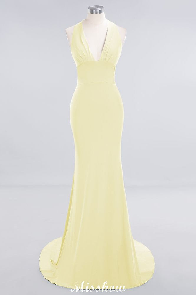 MISSHOW offers Elegant Mermaid Halter Evening Dress Simple Sleeveless Floor Length Party Gown at a good price from White,Ivory,Blushing Pink,Candy Pink,Pearl Pink,Watermelon,Red,Fuchsia,Burgundy,Chocolate,Brown,Gold,Champagne,Orange,Yellow,Daffodil,Regency,Lilac,Lavender,Sky Blue,Pool,Ocean Blue,Royal Blue,Dark Navy,Black,Silver,Dark Green,Jade,Green,Mint Green,Spandex to Mermaid Floor-length them. Stunning yet affordable Sleeveless Bridesmaid Dresses.