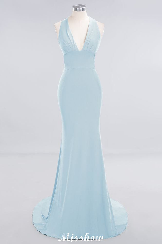 MISSHOW offers Elegant Mermaid Halter Evening Dress Simple Sleeveless Floor Length Party Gown at a good price from White,Ivory,Blushing Pink,Candy Pink,Pearl Pink,Watermelon,Red,Fuchsia,Burgundy,Chocolate,Brown,Gold,Champagne,Orange,Yellow,Daffodil,Regency,Lilac,Lavender,Sky Blue,Pool,Ocean Blue,Royal Blue,Dark Navy,Black,Silver,Dark Green,Jade,Green,Mint Green,Spandex to Mermaid Floor-length them. Stunning yet affordable Sleeveless Bridesmaid Dresses.