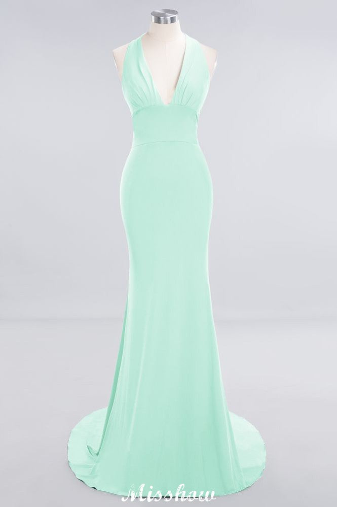 MISSHOW offers Elegant Mermaid Halter Evening Dress Simple Sleeveless Floor Length Party Gown at a good price from White,Ivory,Blushing Pink,Candy Pink,Pearl Pink,Watermelon,Red,Fuchsia,Burgundy,Chocolate,Brown,Gold,Champagne,Orange,Yellow,Daffodil,Regency,Lilac,Lavender,Sky Blue,Pool,Ocean Blue,Royal Blue,Dark Navy,Black,Silver,Dark Green,Jade,Green,Mint Green,Spandex to Mermaid Floor-length them. Stunning yet affordable Sleeveless Bridesmaid Dresses.