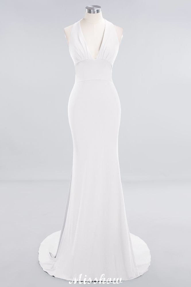 MISSHOW offers Elegant Mermaid Halter Evening Dress Simple Sleeveless Floor Length Party Gown at a good price from White,Ivory,Blushing Pink,Candy Pink,Pearl Pink,Watermelon,Red,Fuchsia,Burgundy,Chocolate,Brown,Gold,Champagne,Orange,Yellow,Daffodil,Regency,Lilac,Lavender,Sky Blue,Pool,Ocean Blue,Royal Blue,Dark Navy,Black,Silver,Dark Green,Jade,Green,Mint Green,Spandex to Mermaid Floor-length them. Stunning yet affordable Sleeveless Bridesmaid Dresses.