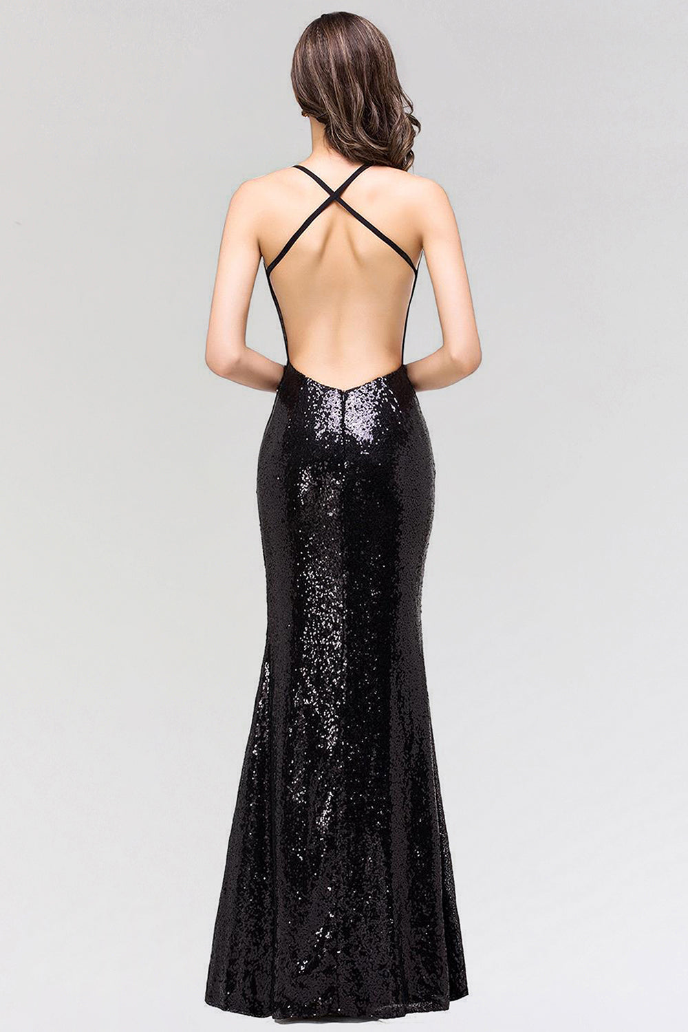 Elegant Mermaid Sequined Long Black Bridesmaid Dresses with Spaghetti Straps