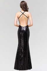 Elegant Mermaid Sequined Long Black Bridesmaid Dresses with Spaghetti Straps