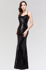 Elegant Mermaid Sequined Long Black Bridesmaid Dresses with Spaghetti Straps
