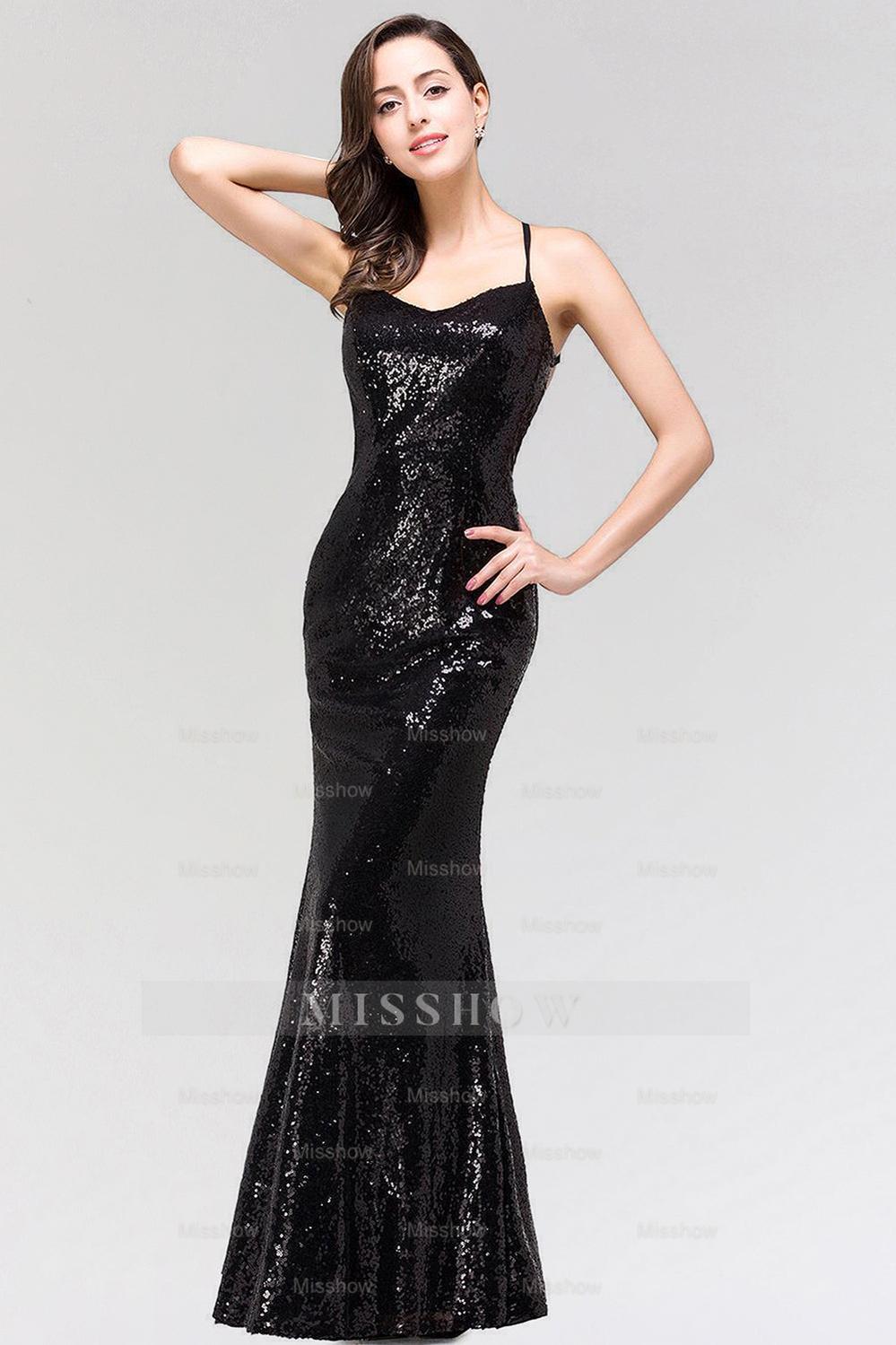 Elegant Mermaid Sequined Long Black Bridesmaid Dresses with Spaghetti Straps Elegant Mermaid Sequined Long Black Bridesmaid Dresses with Spaghetti Straps