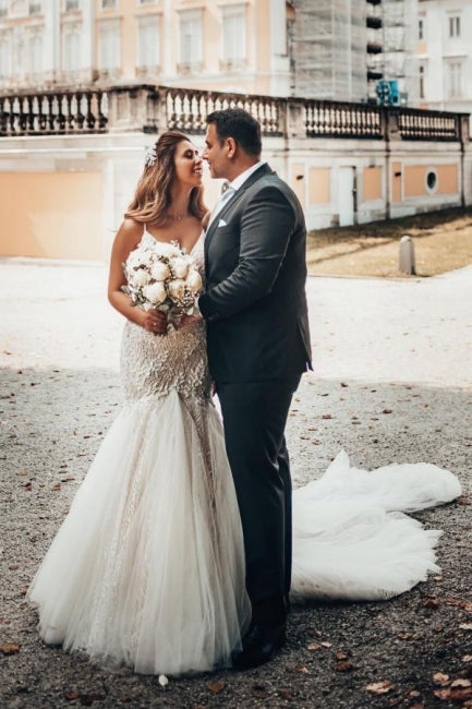Elegant Mermaid Spaghetti Straps Backless Wedding Dresses With Lace-misshow.com
