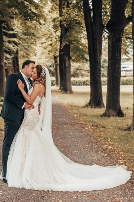 Elegant Mermaid Spaghetti Straps Backless Wedding Dresses With Lace-misshow.com