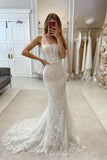 Elegant Mermaid Straps Sleeveless Lace Wedding Dress With Train-misshow.com